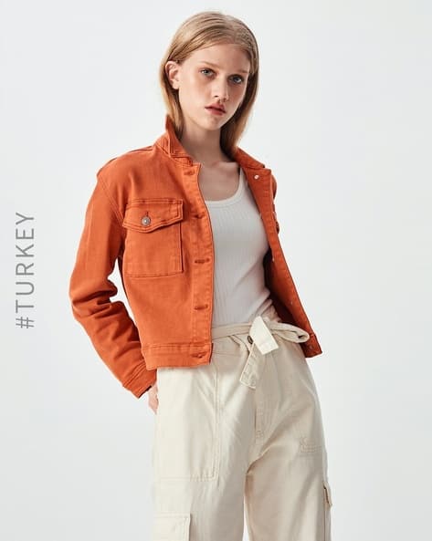 Womens Jacket Cropped Orange Denim Jacket Womens Coats Cropped