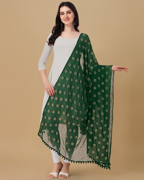 Floral Print Dupatta with Bobble Trim Price in India