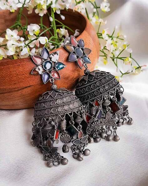 Black Metal Oxidised Silver Jhumka Earrings for Women & Girls-megaelearning.vn