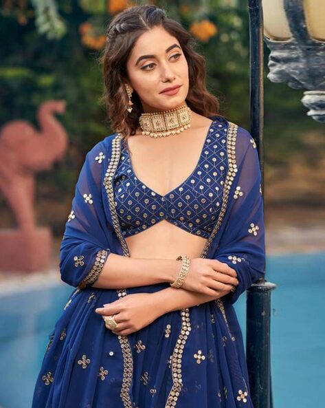 Navy Blue Jacquard Long Choli Lehenga 245885