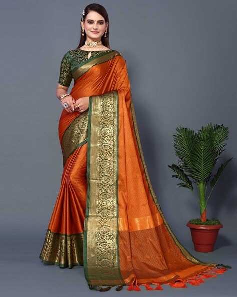 Golden Orange and Red Color Katan Banarasi Saree | Stylish sarees, Silk saree  blouse designs, Indian bridal wear