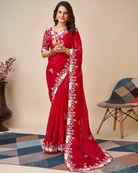 Red Georgette Saree with Black and Golden Border