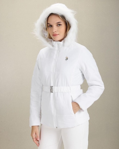 Women's white coat on sale with fur hood