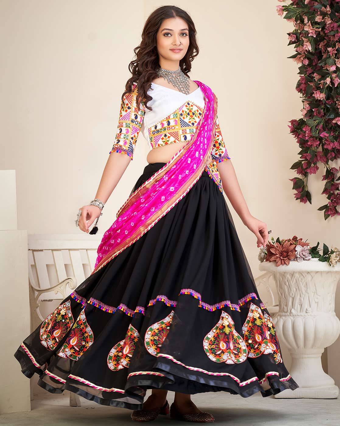 Black Fur Lehenga Choli with Red All-Over Sequins Buti Work and Pink Soft  Net Dupatta | Exotic India Art