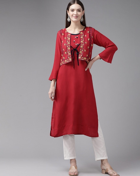 Pre Order: Ethnic Printed Red Sleeveless Jacket | Little Muffet