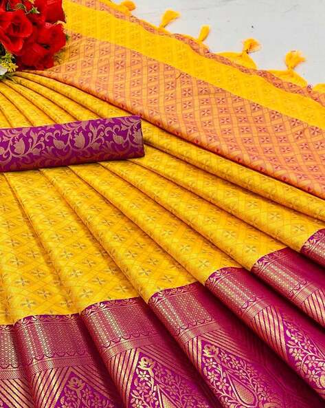 Bandhej Printed Art Silk Saree in Yellow and Pink : SVFA215