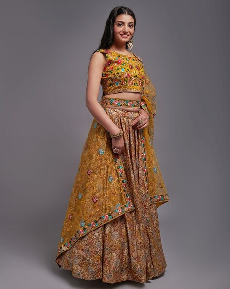 Buy Lime Yellow Lehenga Choli With Multi Colored Beads And Sequins Work And  A Matching Embroidered Belt At The Waist Online - Kalki Fashion