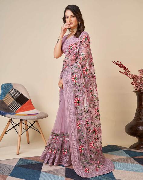 Buy Pink Tissue Floral Embroidered Saree For Women by Dev R Nil