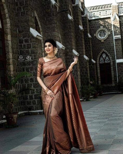 Shiny Brown Kanjeevaram Saree with Copper Border