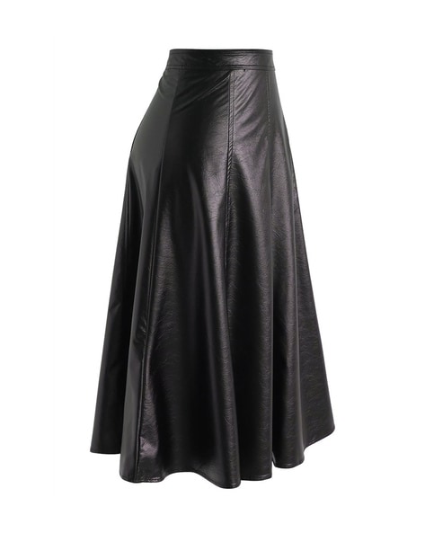 Womens Leather Skirt Knee Length In Black
