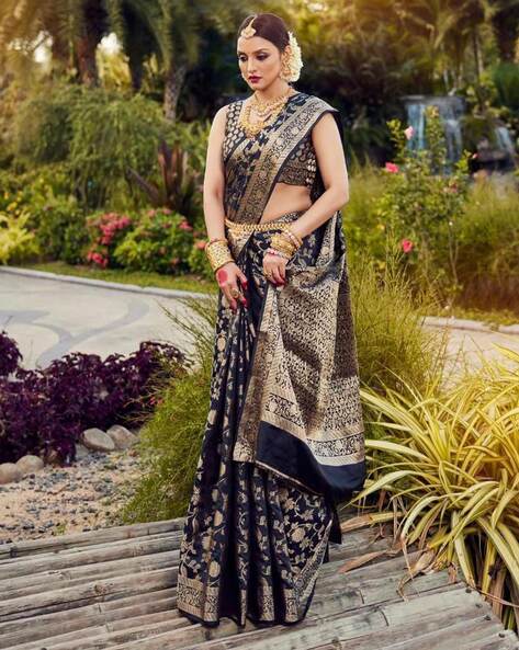 Checked Black Kanjeevaram Silk Saree with White Border - Tulsi Weaves