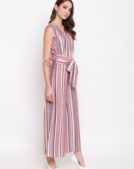 Round neck 2025 striped jumpsuit