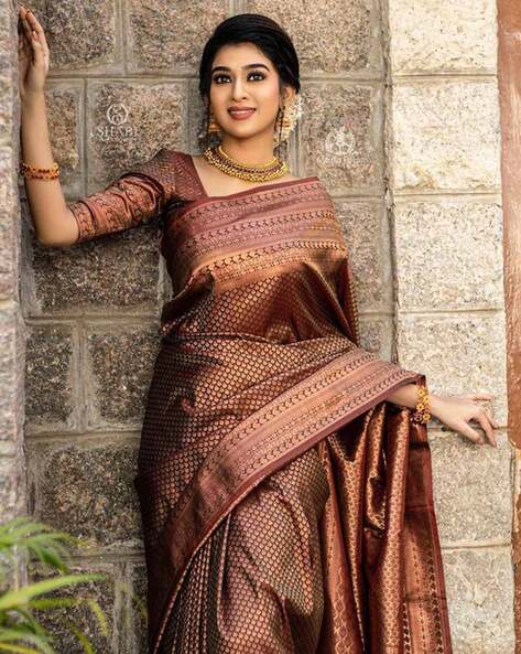 Buy online Women's Self Design Brown Colored Saree With Blouse from ethnic  wear for Women by Rujave for ₹699 at 46% off | 2024 Limeroad.com