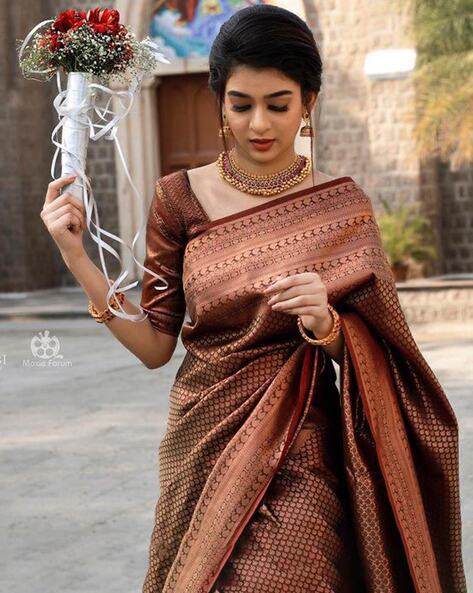 Buy bendist export Woven Kanjivaram Pure Silk Brown Sarees Online @ Best  Price In India | Flipkart.com