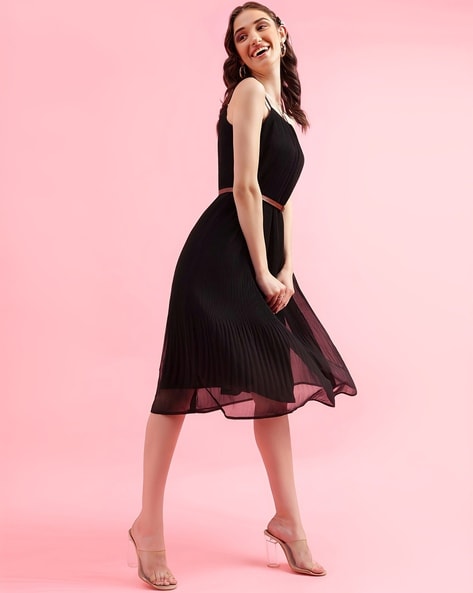 Pleated Fit & Flare Dress with Belt