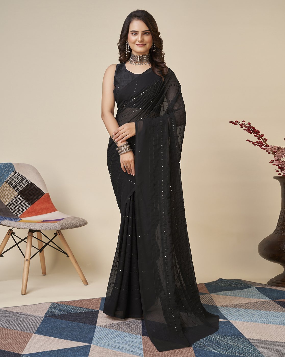 Buy Likha Black Georgette Embellished and Sequined Saree with Unstitched  Blouse LIKSAR118 (Free Size) Online