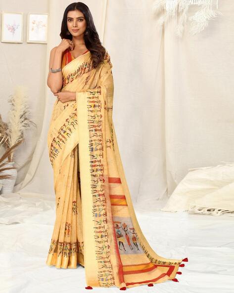 Trending Womens Fashion Warli Print Saree With Lace And Mirror Work