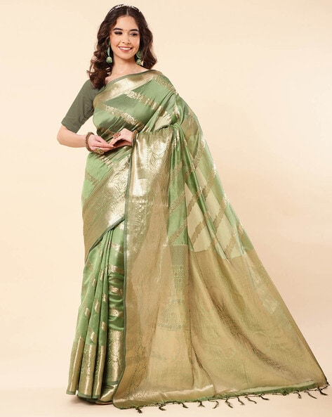 Sage green silk saree with contrast border - G3-WSA54325 | G3fashion.com