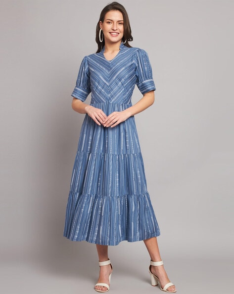 Mandarin Tunic Dress With Frill In Blue Ikat - DRESSES Tribute Store