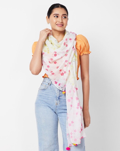 Women Floral Print Scarf with Pom-Pom Price in India