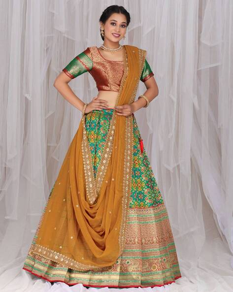 Green with Orange Mirror, Thread and Stone work Lehenga Choli for Girl –  Seasons Chennai