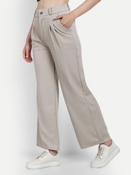 Buy Hooever Womens Casual High Waisted Wide Leg Pants Button Up Straight  Leg Trousers, Apricot, Large at Amazon.in