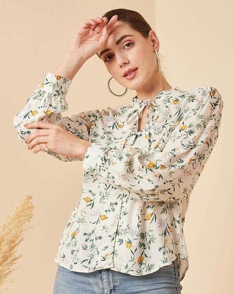 Buy MARIE CLAIRE Printed Top with Neck Tie-Up Online | Ajio.com