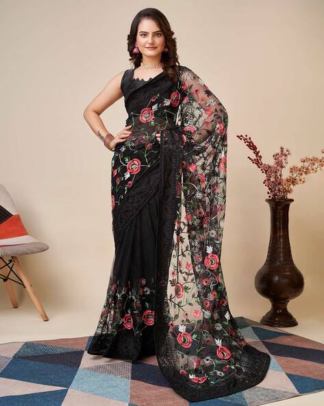 Black, Floral Printed, Daily Wear Georgette Saree with Blouse Piece.