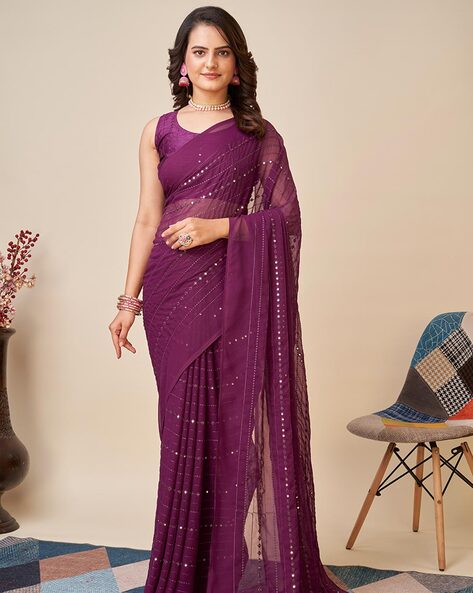 Buy VAIRAGEE Soft Georgette Purple Saree Embroidery Mono Banglory Silk with  Unstitched Blouse online