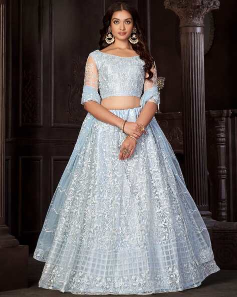 Buy Blue Lehenga And Blouse- Georgette & Dupatta Satin & Thread Set For  Women by Vvani by Vani Vats Online at Aza Fashions.