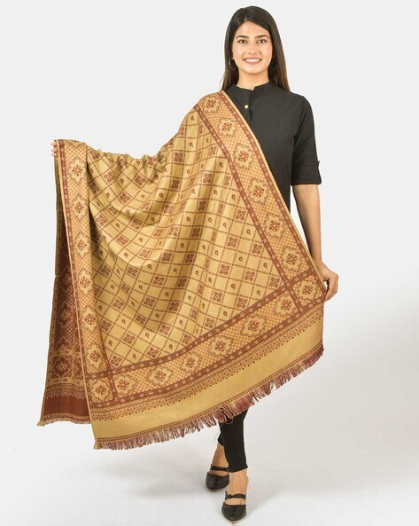 Women Geometric Woven Shawl with Frayed Hem Price in India