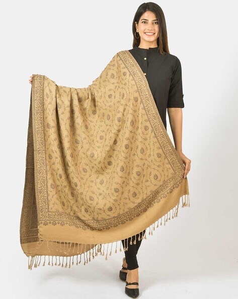 Women Floral Woven Shawl with Tassels Price in India