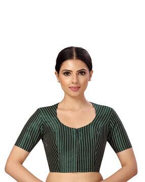 Striped Round-Neck Front-Open Blouse-image-11