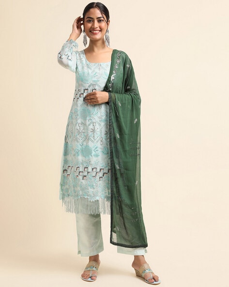 Embroidered 3-Piece Semi-Stitched Straight Dress Material Price in India