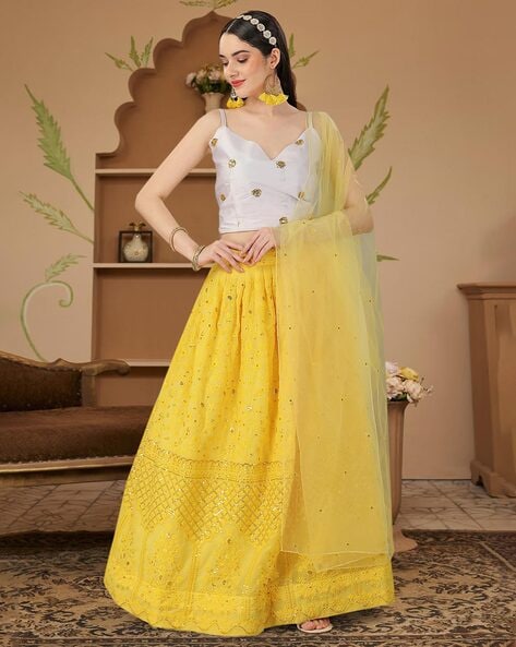 Crop Top Lehenga : White and yellow soft satin silk crop ...