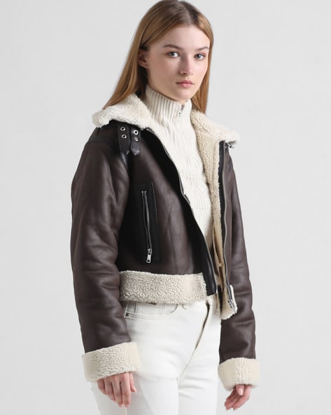 Biker Jacket with Zip Closure Fur Lined