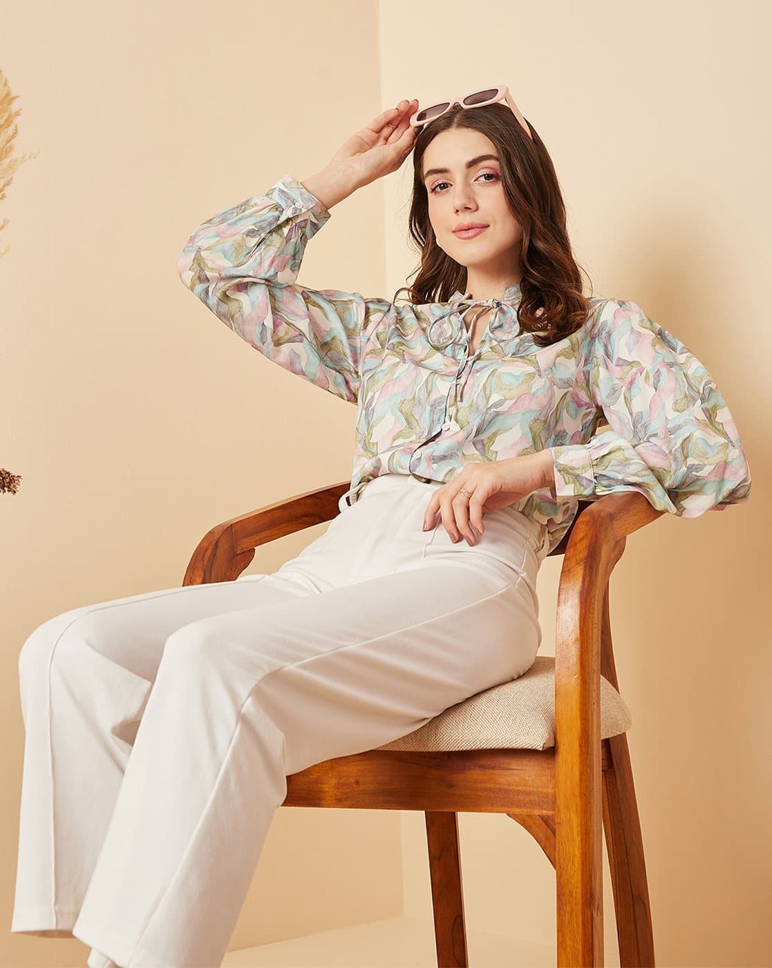 Buy MARIE CLAIRE Printed Top with Neck Tie-Up Online | Ajio.com