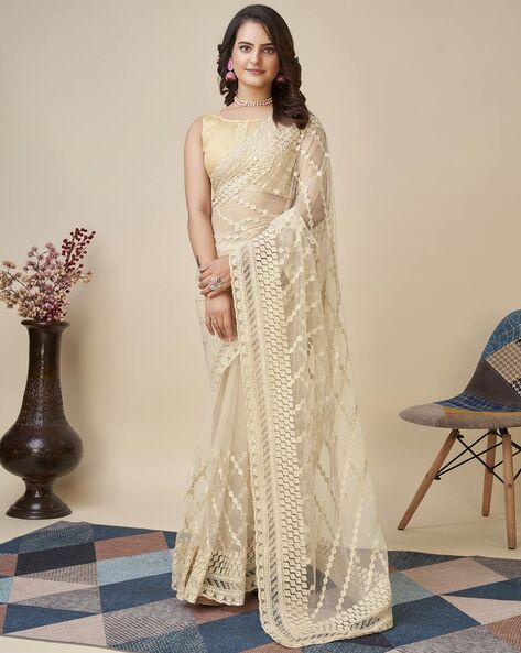 Hand Embroidered Net Saree in Off White