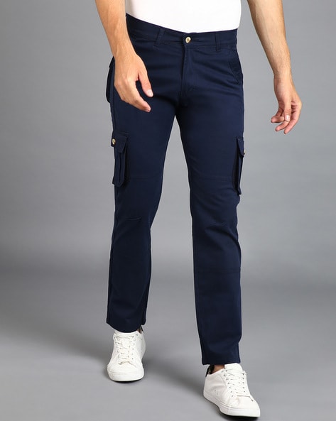 Solid Navy Blue Cargo Pants for Men