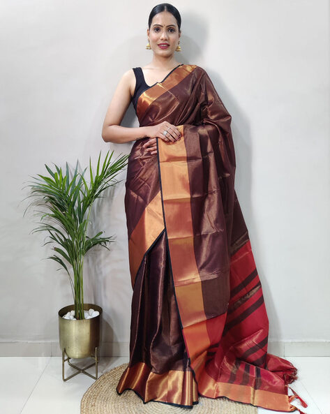 Buy KAKADIYA Woven Kanjivaram Pure Silk Brown Sarees Online @ Best Price In  India | Flipkart.com