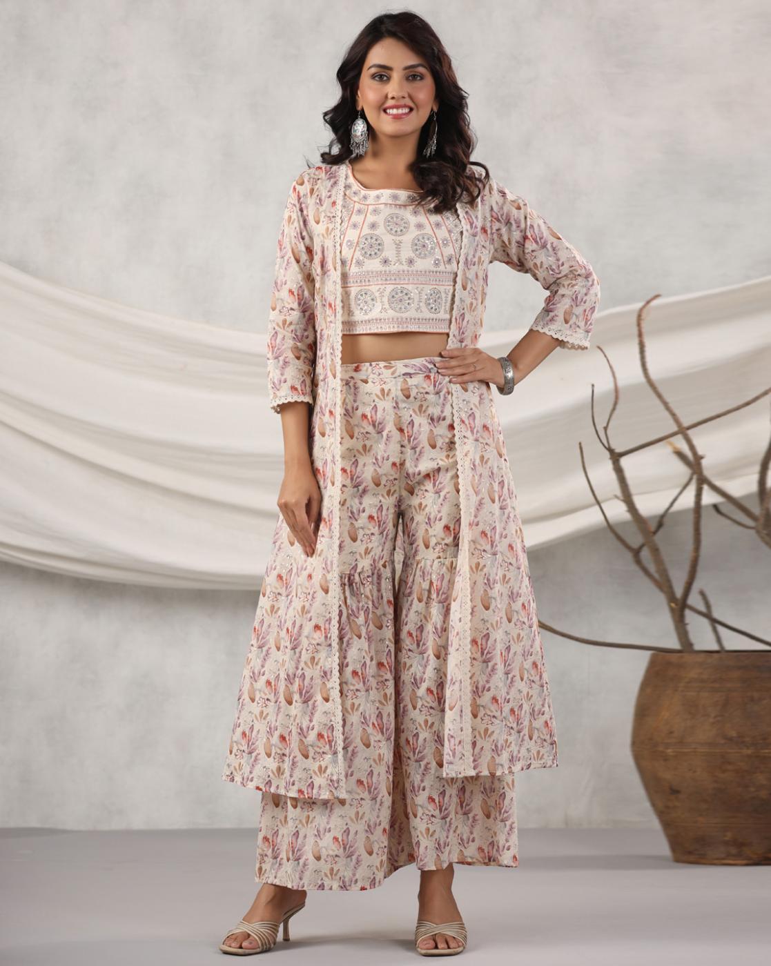 Buy online Top Palazzo Set With Floral Print Long Shrug from western wear  for Women by Purple State for ₹2450 at 65% off