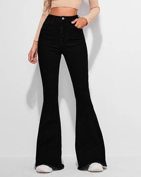 Stretchable Comfortable Regular Fit Black Solid Rugged Design Denim Bell  Bottom Jeans for Girls | Women's High-Waisted Pant |Bell Bottom Trendy