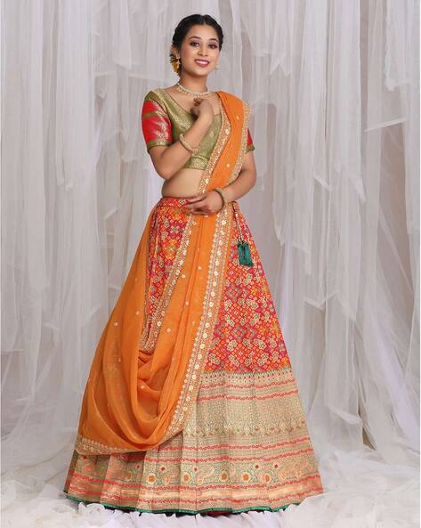 Buy Art Silk Blue and Orange Lehenga Choli with Zari and Stone Work Online  - LEHV2274 | Appelle Fashion