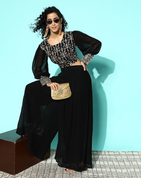 Black crop top with palazzo - G3-GSS2507 | G3fashion.com