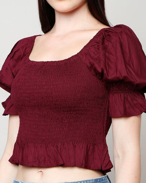 Smocked Crop Top with Puff Sleeves