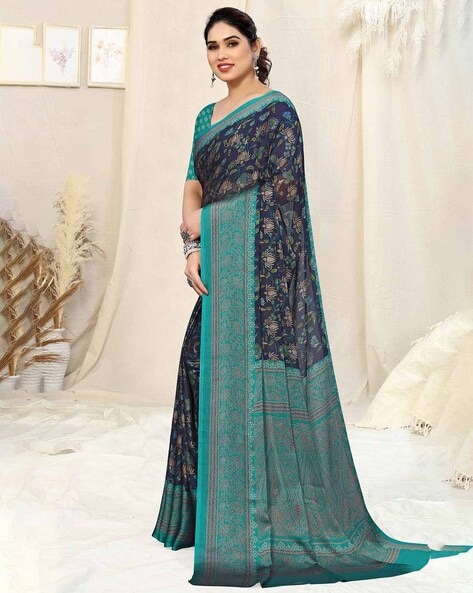 Ocean Blue Chiffon Saree with Ready to wear Blouse