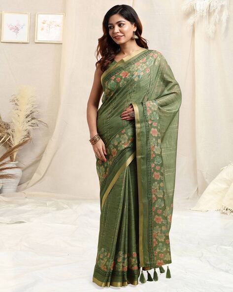 Lace border Art silk Saree in Olive green with Blouse - SR24672