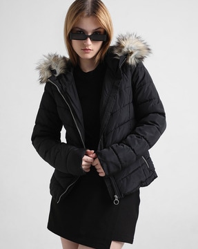 Only linette fur hood cheap coat black