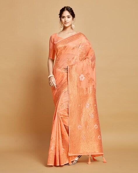 Traditional Saree With Contrast Blouse & Embellished Border-peach & Sky  blue colour – Vpnam