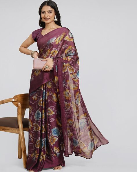 Buy MIRCHI FASHION Women's Plain Weave Cotton Blend Floral Printed Saree  with Blouse Piece (37976-Ivory, Grey) at Amazon.in